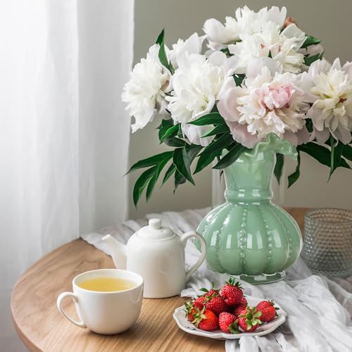 Joeyan Handmade Green Glass Flower Vase,7.9" Vintage Decorative Urn Vase for Centrepieces Bouquet Wedding,Colored Thickened Pedestal Vase Decorations for Rustic Home Living Room Office Farmhouse - Image 4