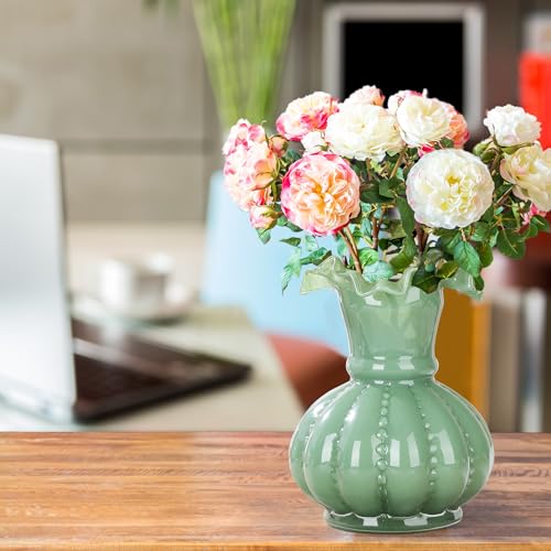 Joeyan Handmade Green Glass Flower Vase,7.9" Vintage Decorative Urn Vase for Centrepieces Bouquet Wedding,Colored Thickened Pedestal Vase Decorations for Rustic Home Living Room Office Farmhouse - Image 5