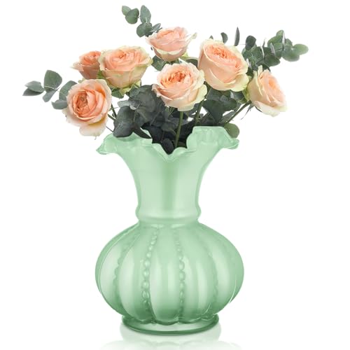 Joeyan Handmade Green Glass Flower Vase,7.9" Vintage Decorative Urn Vase for Centrepieces Bouquet Wedding,Colored Thickened Pedestal Vase Decorations for Rustic Home Living Room Office Farmhouse - Image 1