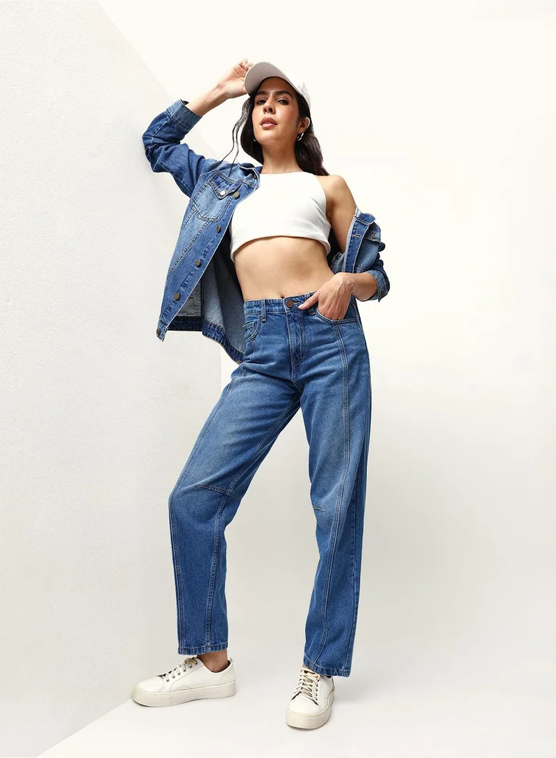 Women's Indigo 100% Cotton Textured Full Slouchy Fit Jeans