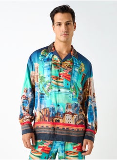 Iconic Iconic Regular Fit Printed Shirt with Camp Collar and Long Sleeves  - Image 1