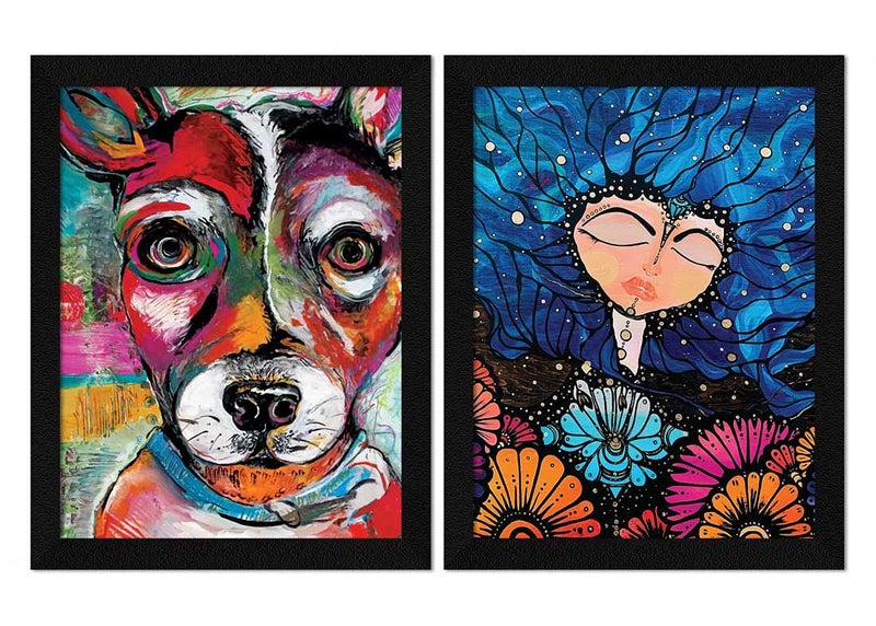 ArtX Paper Dog & Abstract Girl Framed Wall Art Painting, Multicolor, Abstract, 10 X 13 inches each, 20 X 13 inches combined, Set of 2 - Image 1