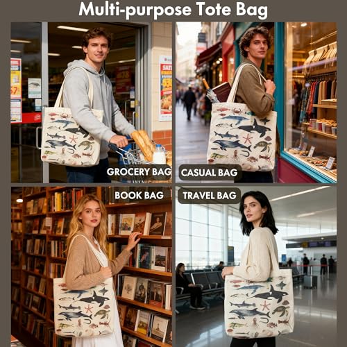 CosplayStudio Large Tote Shopping Bag Cotton Canvas-Reusable grocery Bag with Zipper Aesthetic Reusable Shoulder Bag for Gym, Travel, Work (Style-B) - Image 2