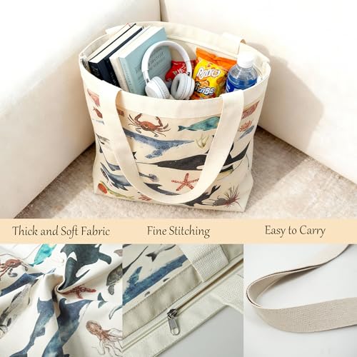 CosplayStudio Large Tote Shopping Bag Cotton Canvas-Reusable grocery Bag with Zipper Aesthetic Reusable Shoulder Bag for Gym, Travel, Work (Style-B) - Image 4