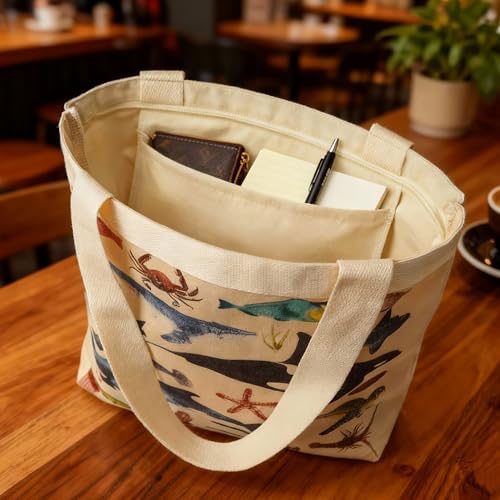 CosplayStudio Large Tote Shopping Bag Cotton Canvas-Reusable grocery Bag with Zipper Aesthetic Reusable Shoulder Bag for Gym, Travel, Work (Style-B) - Image 3