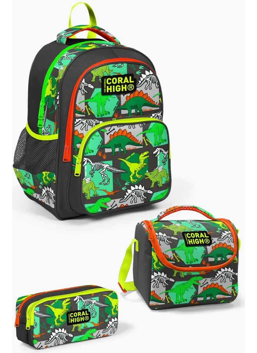 CORAL HIGH Kids Gray Green Dinosaur Patterned 3-Piece School Bag Set SET0114419