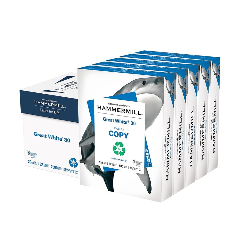 Hammermill Great White 30 Recycled Print Paper, 92 Bright, 20lb, 8.5 x 11, White, 500 Sheets/Ream, 5 Reams/Carton (86710) - Image 1