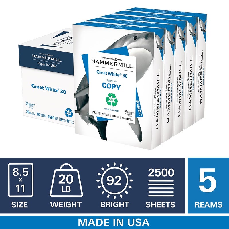 Hammermill Great White 30 Recycled Print Paper, 92 Bright, 20lb, 8.5 x 11, White, 500 Sheets/Ream, 5 Reams/Carton (86710) - Image 2