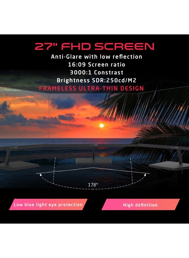GAMEON 27 Inch FHD Gaming & Office Monitor 1920x1080 100Hz 5ms Adaptive Sync Built-In Speakers HDMI VGA Ultra-Slim Display PC & Console Ready Black Black - Image 3
