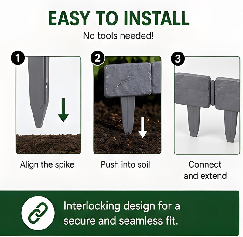 Plastic Garden Fence 10Pcs Grey Interlocking System - Weatherproof Durable PP Material No Dig Installation Plastic Retaining Edging for Lawn Flower Bed Yard Path Landscaping Projects - Image 2