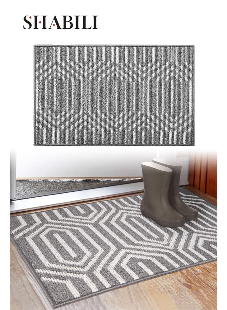 شبيلي سجادة حمام من البولي بروبيلين لمدخل المنزل، منخفضة الارتفاع بظهر غير قابل للانزلاق تلتقط الأوساخ والرطوبة وقابلة للغسل في الغسالة، مثالية للعائلات والشقق والمكاتب والحمامات والمطابخ بلون رمادي أبيض - Image 1