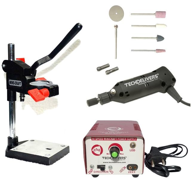 TECHDELIVERS Mini Drill Machine for Goldsmith with Transformer Power Supply Bits Set Filing Tools Mini Cutting Saw and PCB Drill Machine Stand - Image 1