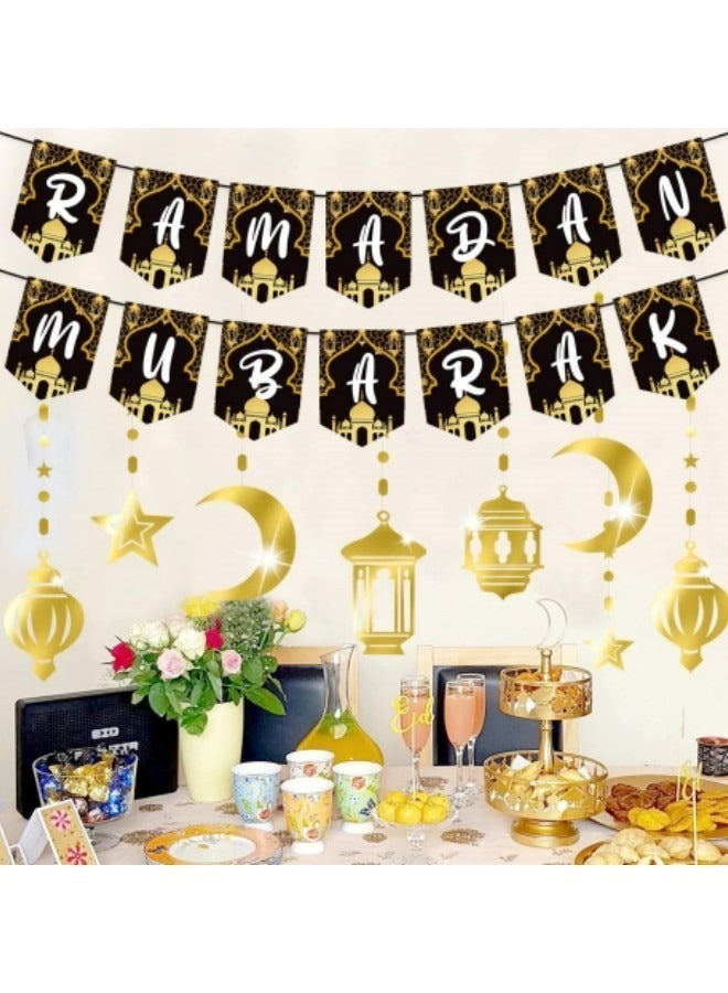 GGEROU 17Pcs Eid Mubarak Banner, Ramadan Banner,DIY Eid Mubarak Decorations, Black and Gold Eid Mubarak for Eid Decorations, for Home Ramadan Eid Decorations - Image 4