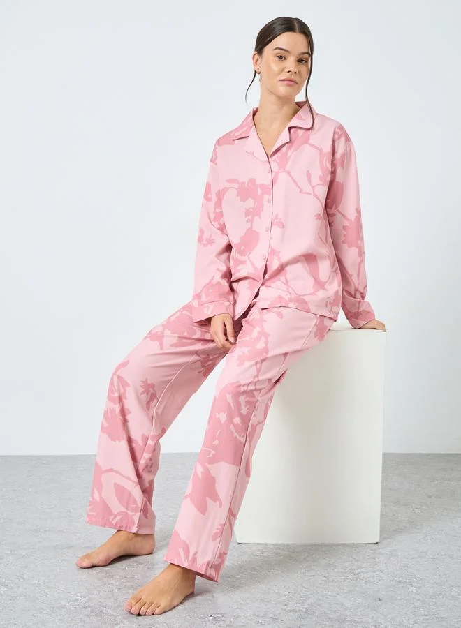 Styli Large Scale Tonal Floral Print Shirt and Pyjama Set