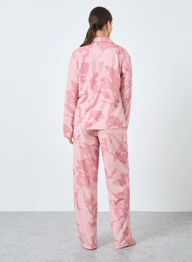 Styli Pink Styli Large Scale Tonal Floral Print Shirt and Pyjama Set for Women | Best Price UAE