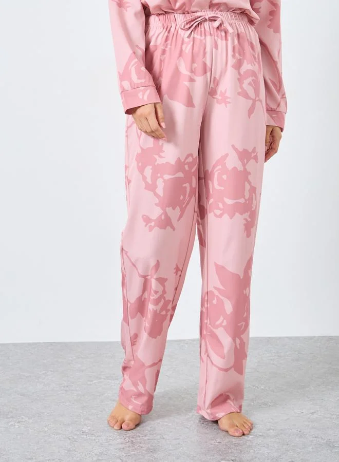 Styli Pink Styli Large Scale Tonal Floral Print Shirt and Pyjama Set for Women | Best Price UAE