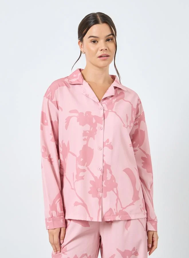 Styli Pink Styli Large Scale Tonal Floral Print Shirt and Pyjama Set for Women | Best Price UAE