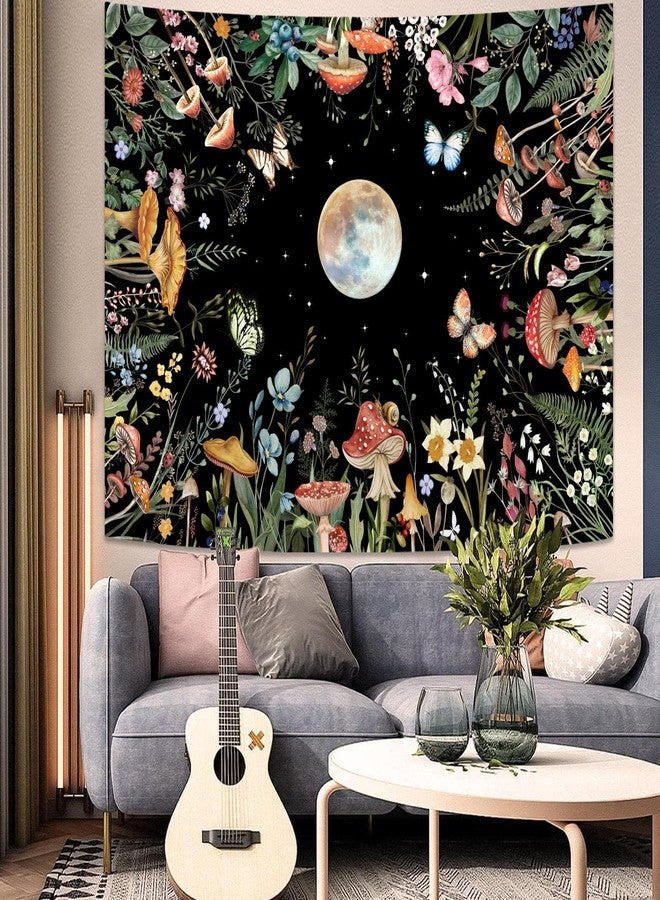 أمم نسيج جداري من AMM Moon Garden، بنمط نباتات خضراء مضاءة بضوء القمر، مزين بالفطر والزهور، مناسب لغرف النوم وغرف المعيشة (60 بوصة × 44 بوصة). - Image 5