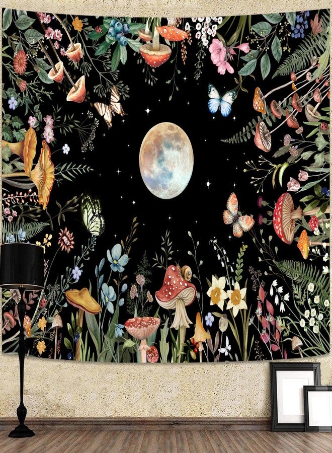 أمم نسيج جداري من AMM Moon Garden، بنمط نباتات خضراء مضاءة بضوء القمر، مزين بالفطر والزهور، مناسب لغرف النوم وغرف المعيشة (60 بوصة × 44 بوصة). - Image 1