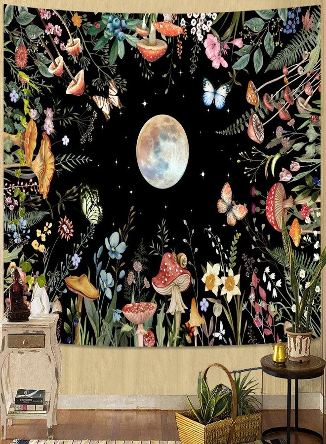 أمم نسيج جداري من AMM Moon Garden، بنمط نباتات خضراء مضاءة بضوء القمر، مزين بالفطر والزهور، مناسب لغرف النوم وغرف المعيشة (60 بوصة × 44 بوصة). - Image 2