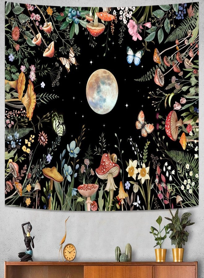 أمم نسيج جداري من AMM Moon Garden، بنمط نباتات خضراء مضاءة بضوء القمر، مزين بالفطر والزهور، مناسب لغرف النوم وغرف المعيشة (60 بوصة × 44 بوصة). - Image 3