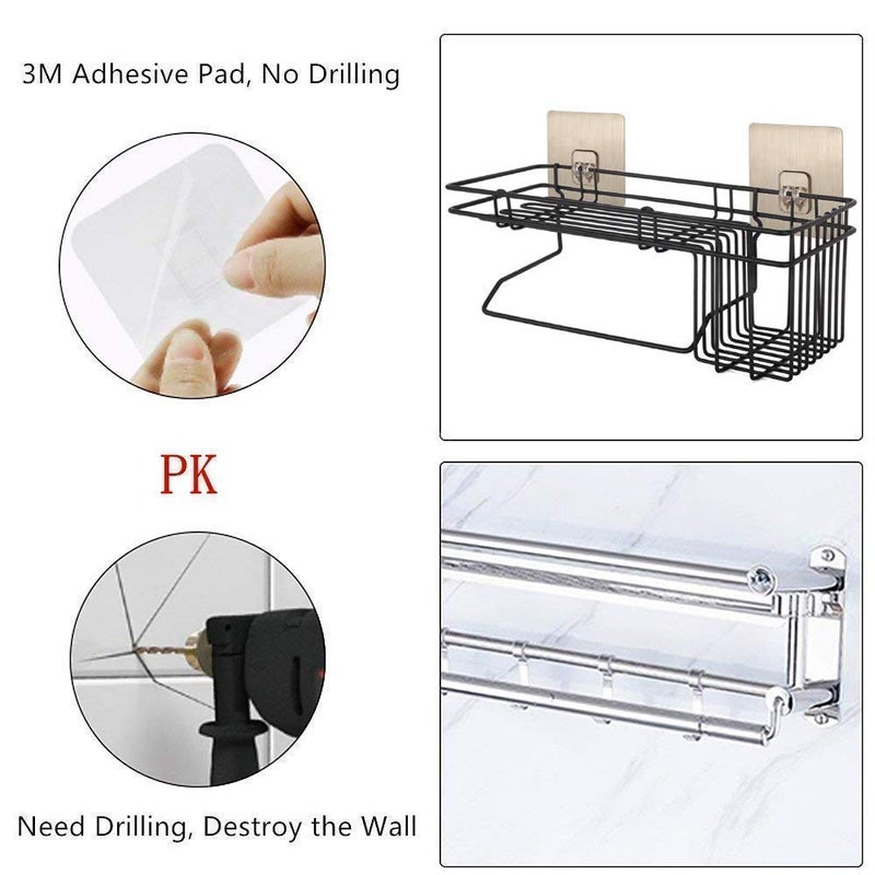 Rasikvar Multipurpose Bathroom Shelf Holder Wall Mounted Kitchen Storage Rack Basket No Drilling Sticky Self Adhesive Strong Magic Sticker Shower Caddy Shelves with Towel Holder (Black) - Image 5