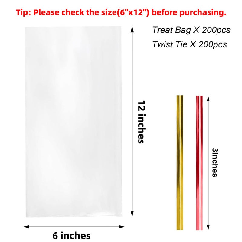 Morepack Cello Cellophane Treat Bags,6x12 Inches Plastic Cello Bags 200 Pcs with Twist Ties for Packaging Dessert,Bakery, Candies,Cookies,Chocolate,Party Favors - Image 2