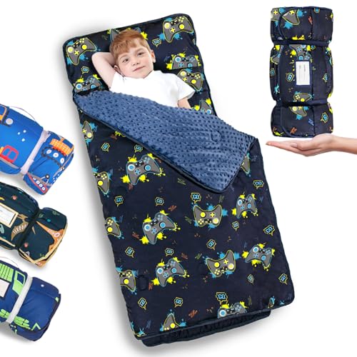 Primlect Thickened Toddler Nap Mat with Removable Pillow and Minky Blanket Extra Large 55x35 Sleeping Bag Washable Roll up Perfect for Daycare Preschool Kindergarten Boys and Girls - Image 1