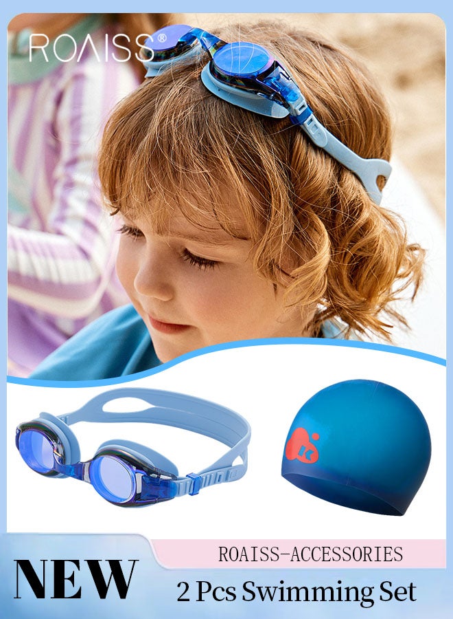 رويس قطعتان من طقم نظارة سباحة وقبعة للأطفال، نظارة سباحة مقاومة للماء عالية الدقة مع حشية مقاومة للماء وقبعة سباحة ناعم للشعر القصير والطويل، معدات السباحة للأولاد والبنات من سن 3 إلى 12 سنة - Image 1