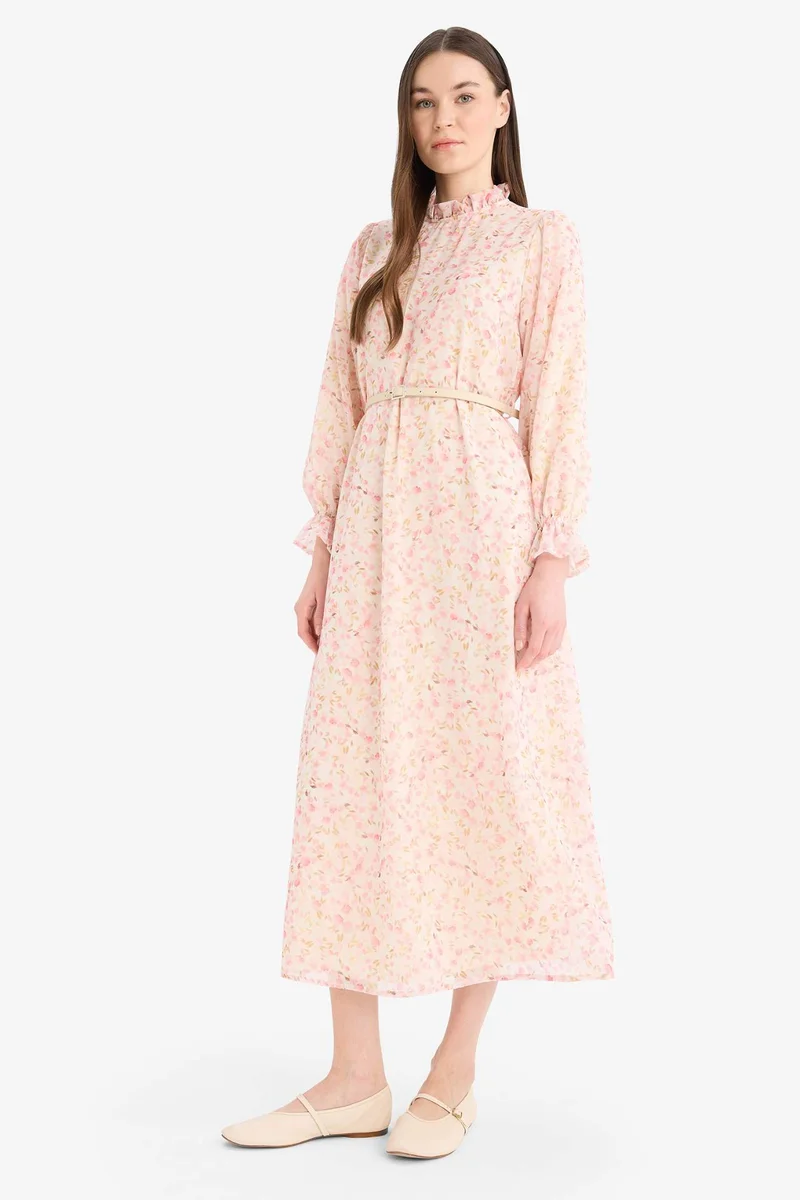 ديفاكتو Regular Fit Printed Chiffon Long Sleeve Dress