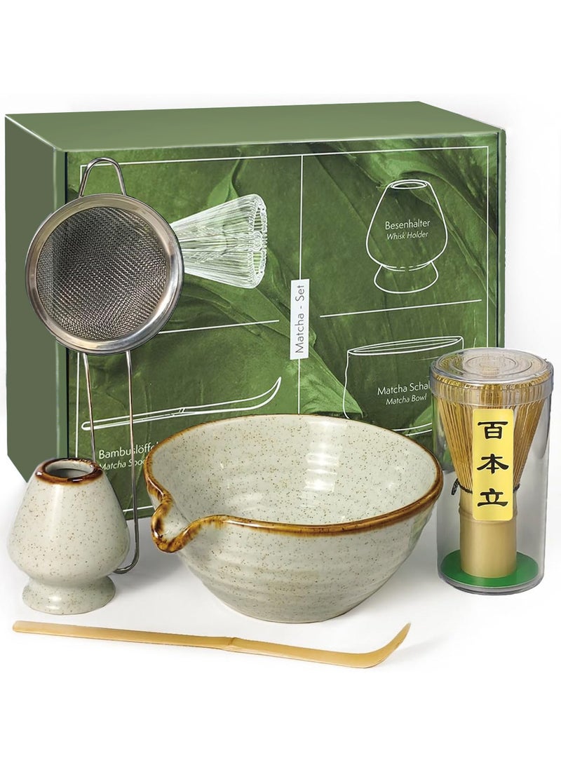 Chillspace 5-piece Japanese Matcha Set Kit for Tea & Coffee Essentials - Ceramic Matcha Bowl, Bamboo Whisk, Scoop, Sifter & Whisk Holder, Complete Matcha Ceremony Gift Set for Kitchen & Dining, 100% Natural (Grey) - Image 1