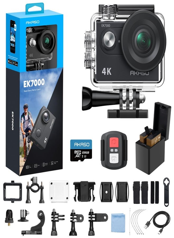 أكاسو كاميرا الحركة AKASO EK7000 بدقة 4K بمعدل 30 إطارًا في الثانية مع بطاقة ذاكرة MicroSDXC U3 سعة 128 جيجابايت، ومجموعة ملحقات، وكاميرا فائقة الوضوح مقاومة للماء حتى عمق 131 قدمًا، ونظام تثبيت الصورة الإلكتروني، وجهاز تحكم عن بُعد عبر الواي فاي، وتقريب بصري 4x. - Image 1