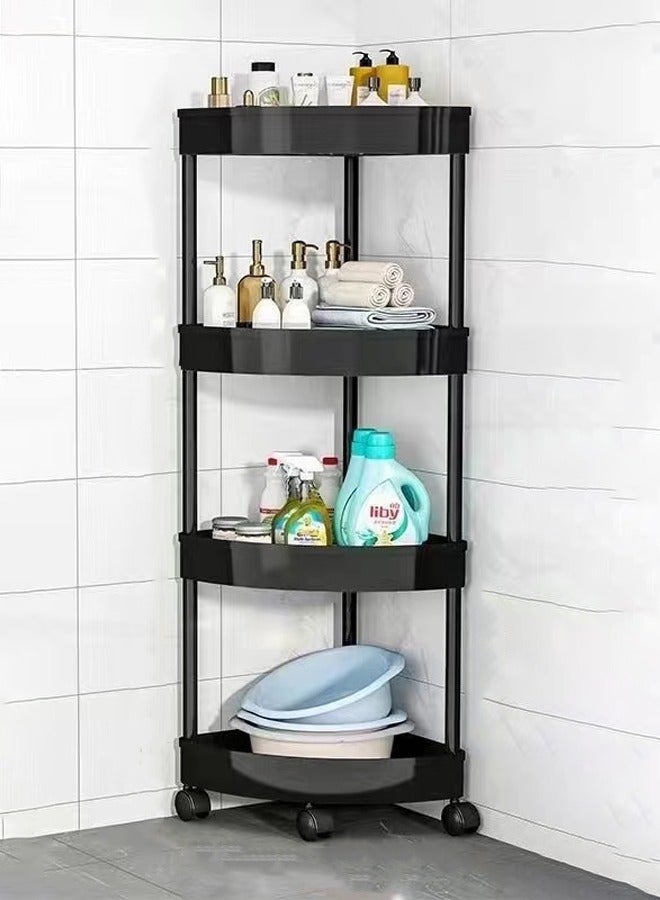 4-Tier Storage Trolley Cart, Storage Organizer Trolley with Wheels, Bathroom Mobile Shelving Organizer Triangle Corner Shelf Rack, Utility Rolling Cart Kitchen Storage Organizer for Bathroom, Laundry, Living Room (Black)  - Image 1
