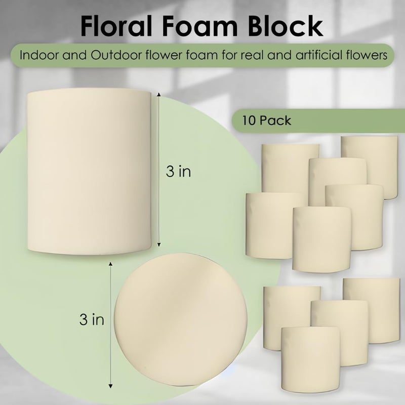 Xcel Floral Foam Blocks - Reusable, Weather Resistant Craft Foam Fresh & Artificial Flower Arrangements, Faux Florist Foam Planters Florist Supplies (Beige White 3" Round x 3" Thick - 10 Pack) - Image 3