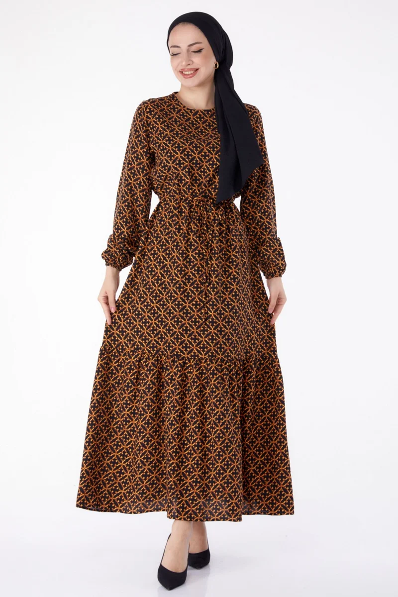 Tofisa Plain Crew Neck Women's Yellow Viscose Dress - 25308
