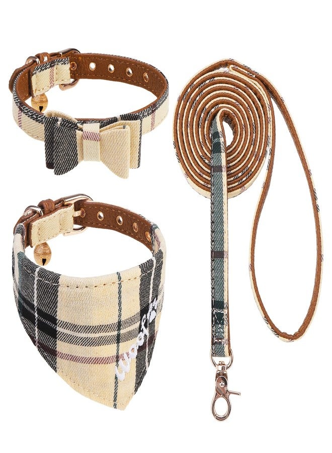كولتيل طقم طوق ومقود للكلاب الصغيرة من KOOLTAIL مع ربطة عنق وأجراس، طوق ومقود للجراء بتطريز دقيق ونمط مربعات كلاسيكي، مقود من الجلد الناعم مقاوم للتشابك للكلاب الصغيرة والقطط، ذكورًا وإناثًا - Image 1