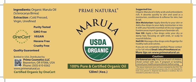 Prime Natural زيت المارولا العضوي الطبيعي 4 أونصات/120 مل - معتمد من وزارة الزراعة الأمريكية - معصور على البارد، غير مكرر، بكر - 100% نقي، طبيعي، نباتي، الأفضل للوجه، الجسم، الشعر، الأظافر، العناية بالبشرة - Image 4