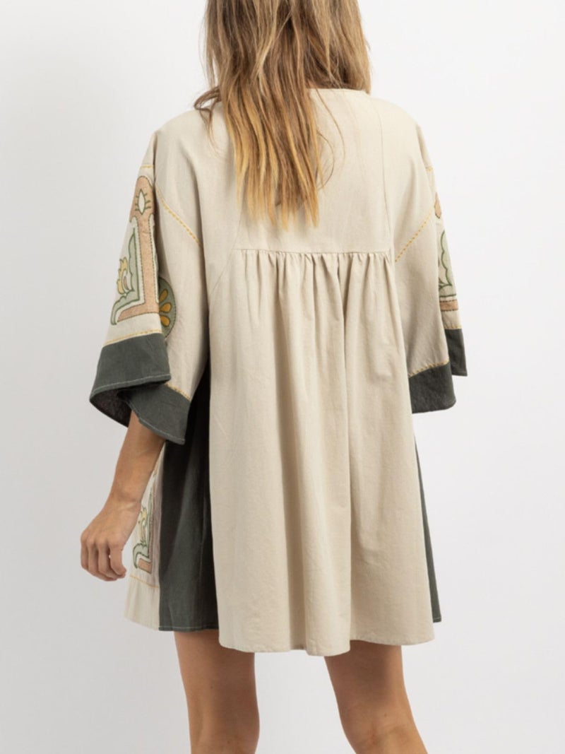 Joiemont Womens Oversized Embroidered Dress with V-Neck and 3/4 Sleeves Vintage Embroidery Babydoll Dress(0603-Olive-S) - Image 2
