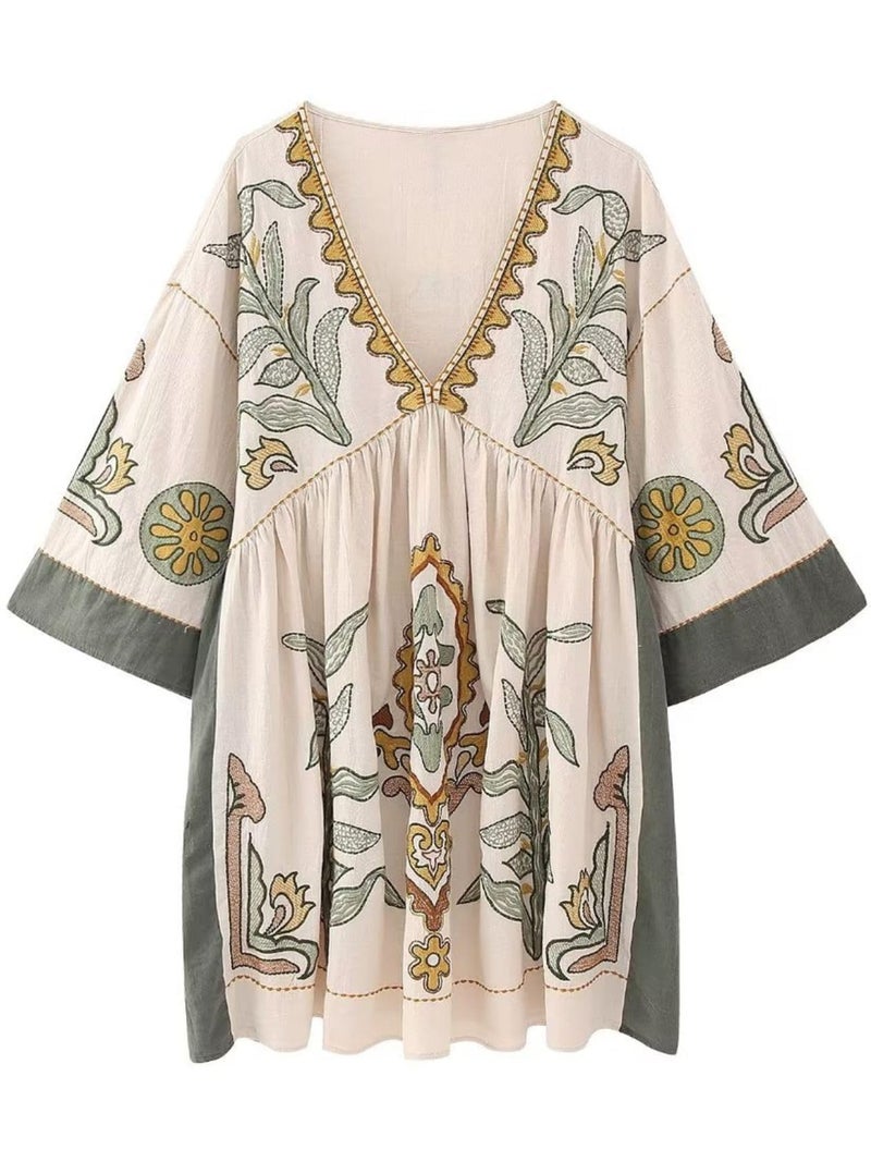 Joiemont Womens Oversized Embroidered Dress with V-Neck and 3/4 Sleeves Vintage Embroidery Babydoll Dress(0603-Olive-S) - Image 5
