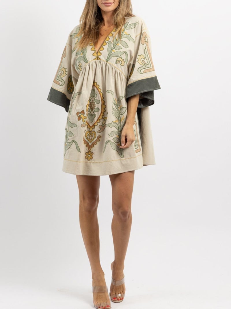 Joiemont Womens Oversized Embroidered Dress with V-Neck and 3/4 Sleeves Vintage Embroidery Babydoll Dress(0603-Olive-S) - Image 4