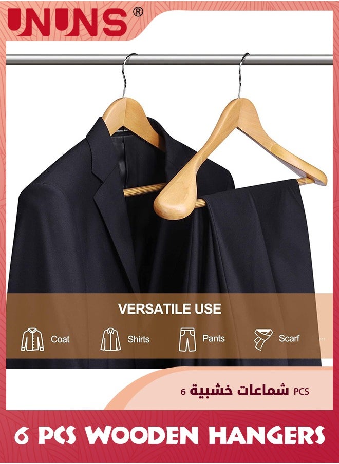 UNUNS Wide Shoulder Wooden Hangers,6 Pcs 100% Solid Wooden Extra-wide Clothing Hanger With Non Slip Pants Bar,Smooth Finish 360° Swivel Hook Wood Coat Suit Hangers Heavy Coats Sweater Skirt Suit Pants  - Image 2