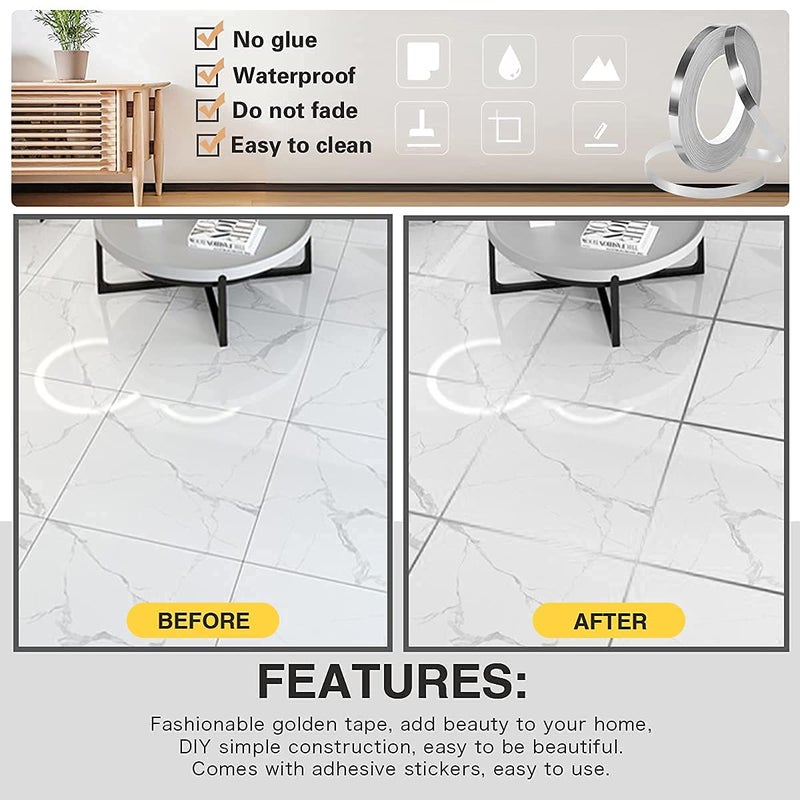 SAJAG Tile Gap Sticker Waterproof 50 Meters Silver Tape Self adessive Tile stickers for flooring tile decoration tape Gap Sealing Tape Strip 02cm x 50m Silver Silver 5 - Image 4