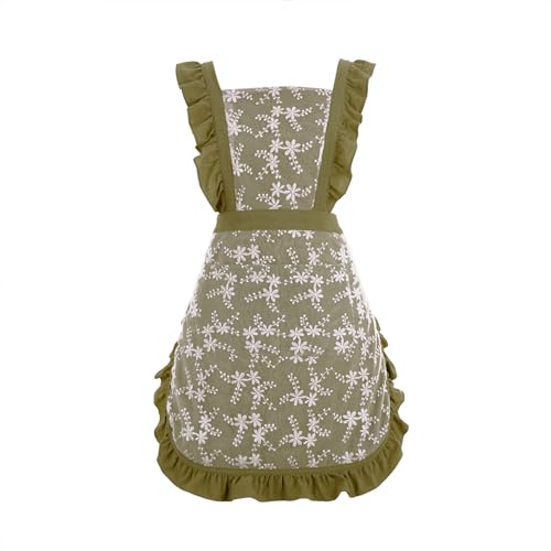 Pinknoke Vintage Pinafore Apron Dress for Women with Pockets Cute Floral Chef Aprons for Kitchen Cooking Baking Gardening Army Green