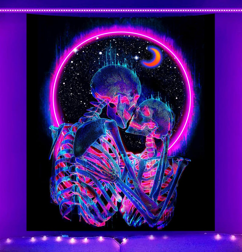 TUGCAY Blacklight Skull Tapestry Glow in the Dark Tapestry Kissing Lovers Tapestries Skeleton Neon Trippy Moon Stars Vertical Posters Wall Hanging Decor for Bedroom Aesthetic – 51.2” x 59.1” - Image 3