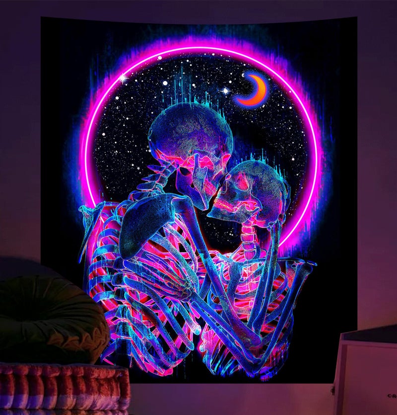 TUGCAY Blacklight Skull Tapestry Glow in the Dark Tapestry Kissing Lovers Tapestries Skeleton Neon Trippy Moon Stars Vertical Posters Wall Hanging Decor for Bedroom Aesthetic – 51.2” x 59.1” - Image 2