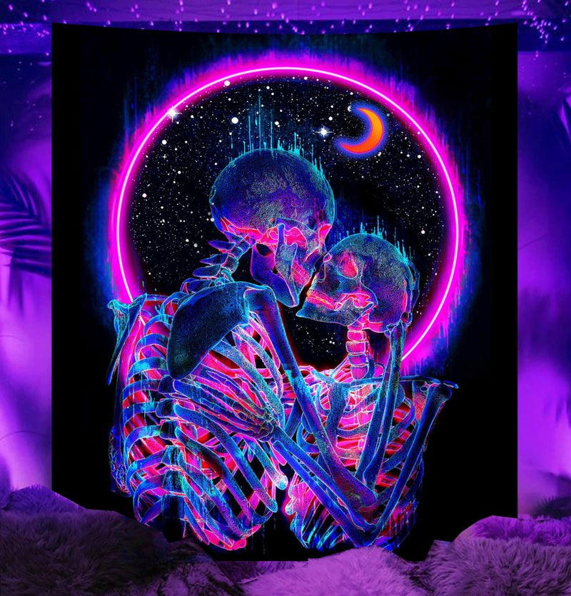 TUGCAY Blacklight Skull Tapestry Glow in the Dark Tapestry Kissing Lovers Tapestries Skeleton Neon Trippy Moon Stars Vertical Posters Wall Hanging Decor for Bedroom Aesthetic – 51.2” x 59.1” - Image 1