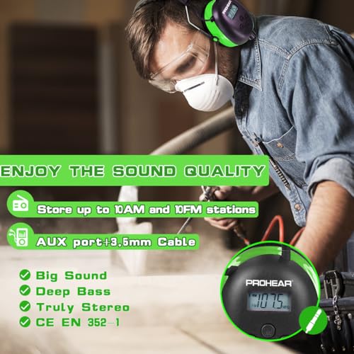 PROHEAR سماعات رأس PROHEAR 027 AM FM مع شاشة رقمية، 25dB NRR، واقي أذن للحماية من الضوضاء لقص العشب، وإزالة الثلوج، والبناء، وورش العمل - أخضر - Image 4