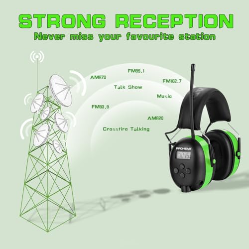 PROHEAR سماعات رأس PROHEAR 027 AM FM مع شاشة رقمية، 25dB NRR، واقي أذن للحماية من الضوضاء لقص العشب، وإزالة الثلوج، والبناء، وورش العمل - أخضر - Image 3
