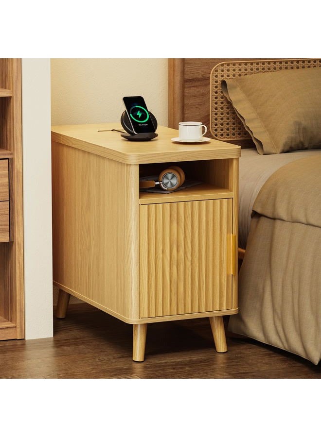 Huuger Narrow End Table with Charging Station, USB-C Port, Fluted Nightstand with Storage Cabinet, Back Rack, Side Table for Small Spaces, 13.4 × 23.6 Inch Night Stand with Storage, Natural - Image 1