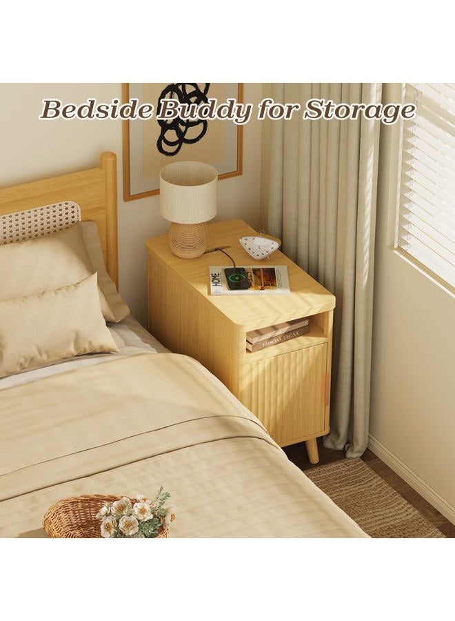 Huuger Narrow End Table with Charging Station, USB-C Port, Fluted Nightstand with Storage Cabinet, Back Rack, Side Table for Small Spaces, 13.4 × 23.6 Inch Night Stand with Storage, Natural - Image 5
